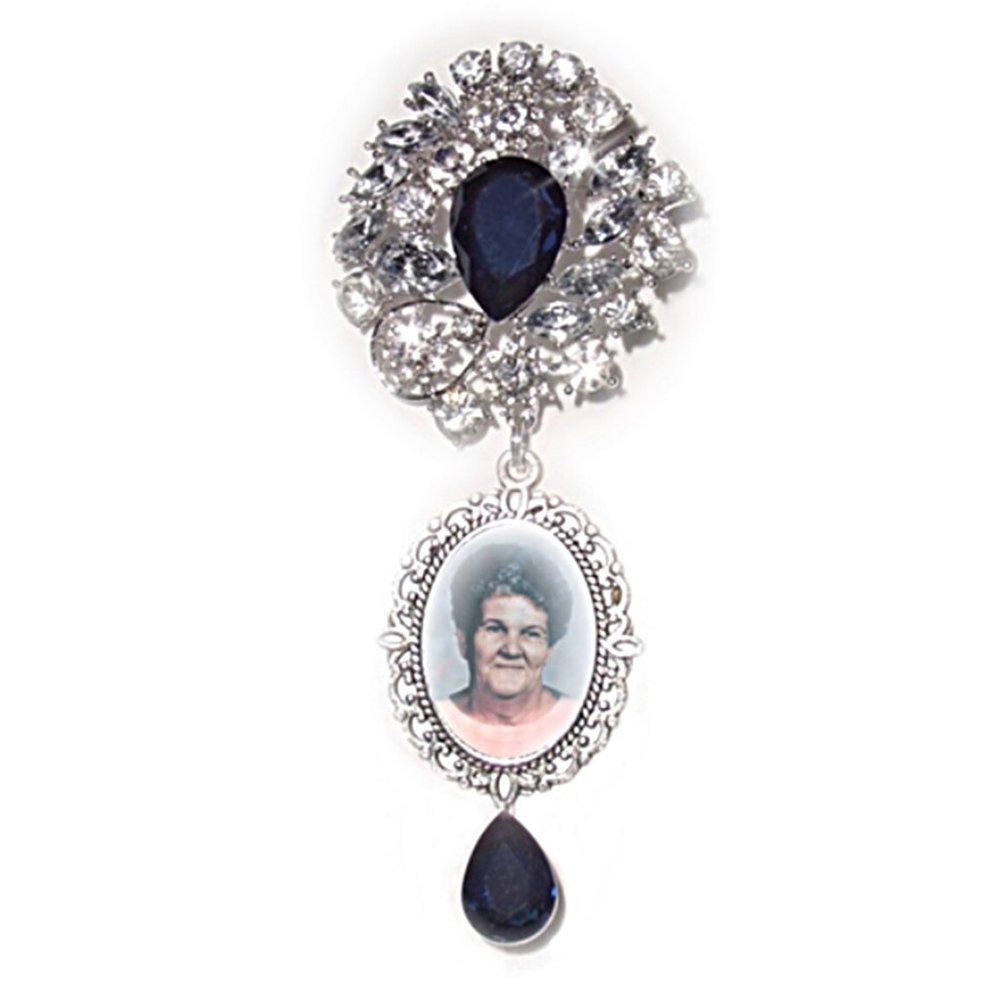 Wedding Bouquet Memorial Photo Charm Brooch Navy Blue Elegance Crystal Gems